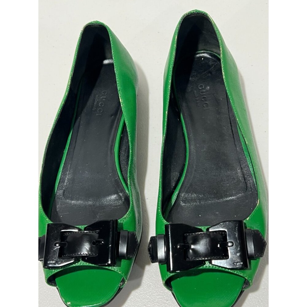 GUCCI Green Textured Leather Open Toe Peep Toe Ballet Flats Bow Womens Size 38 C